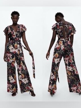 Zara Women’s Black Floral Wide Leg Wrap Tie Waist Ruffle Sleeve Jumpsuit Medium